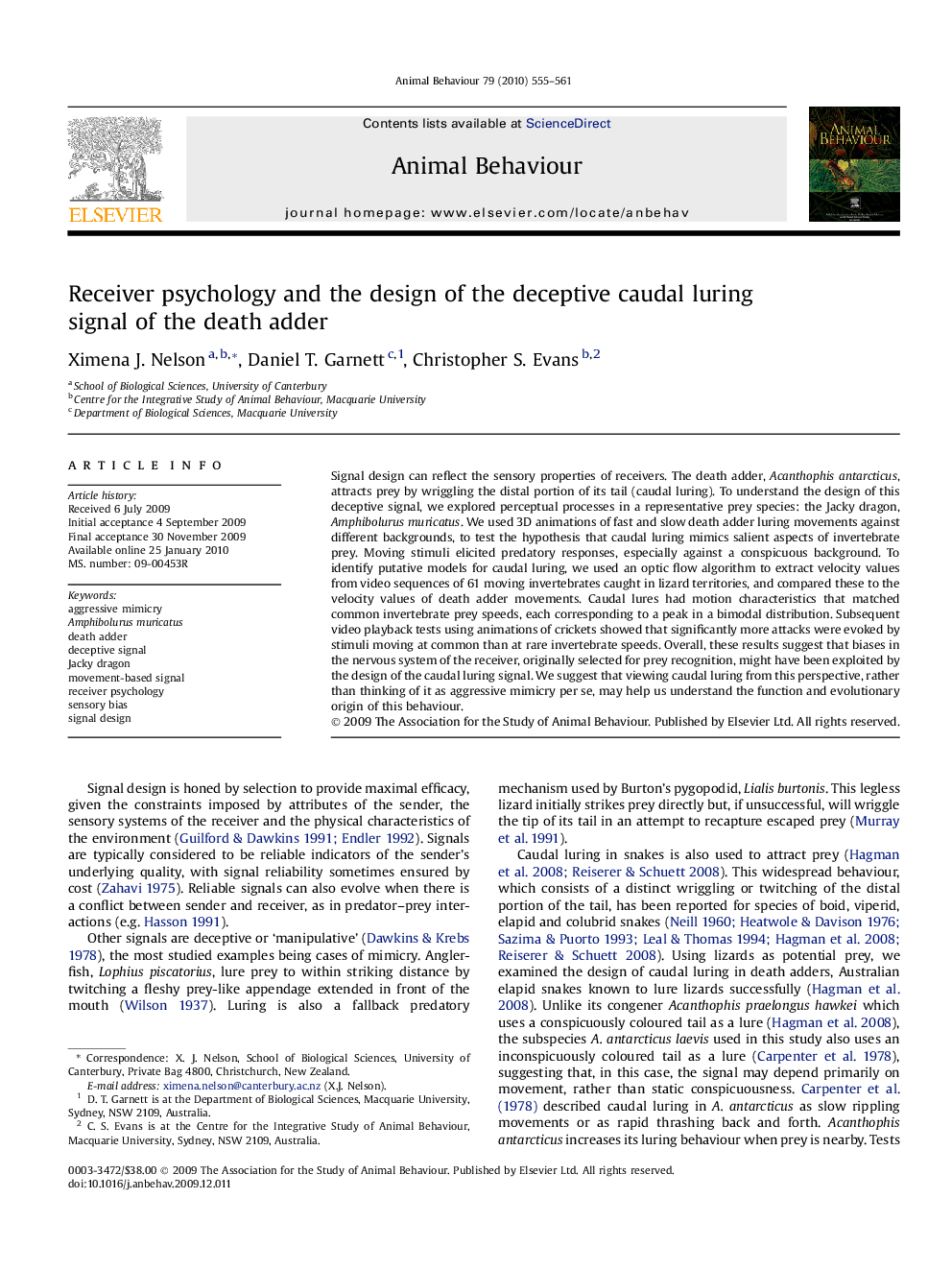 Receiver psychology and the design of the deceptive caudal luring signal of the death adder