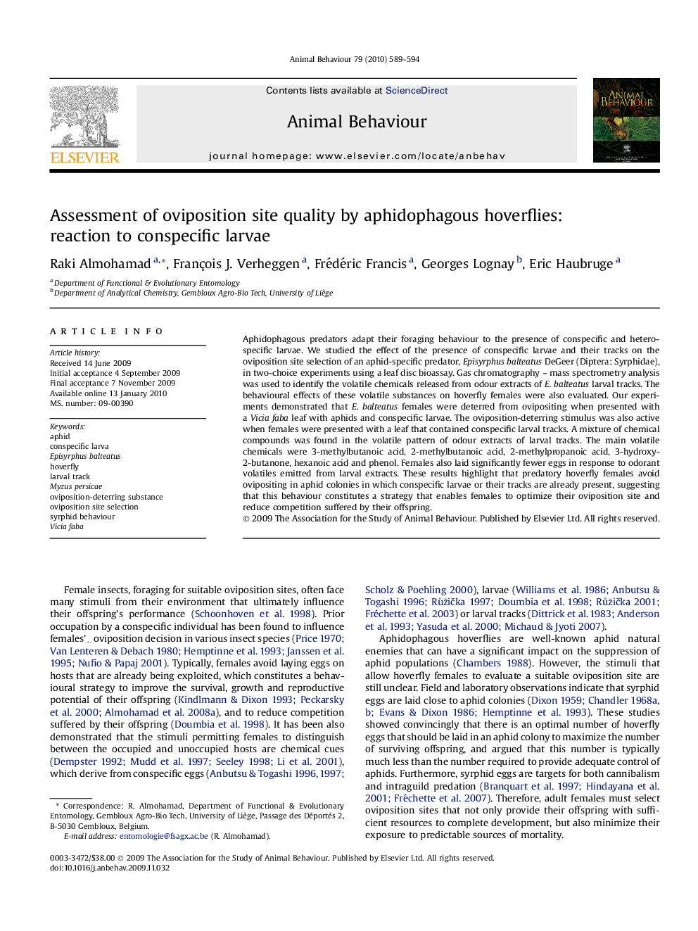 Assessment of oviposition site quality by aphidophagous hoverflies: reaction to conspecific larvae