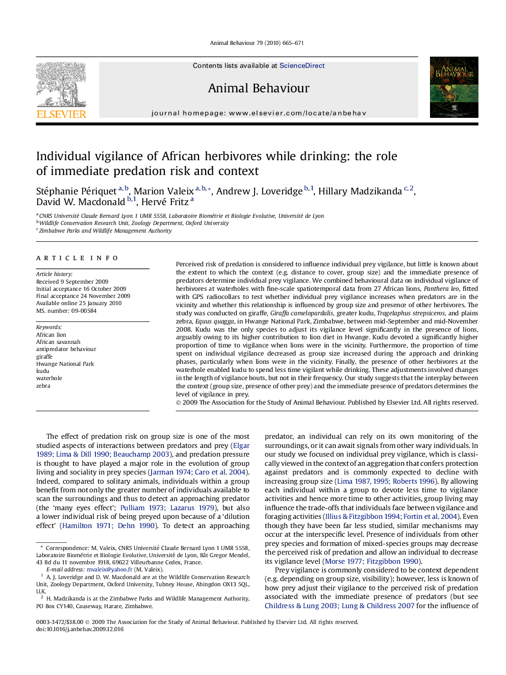 Individual vigilance of African herbivores while drinking: the role of immediate predation risk and context