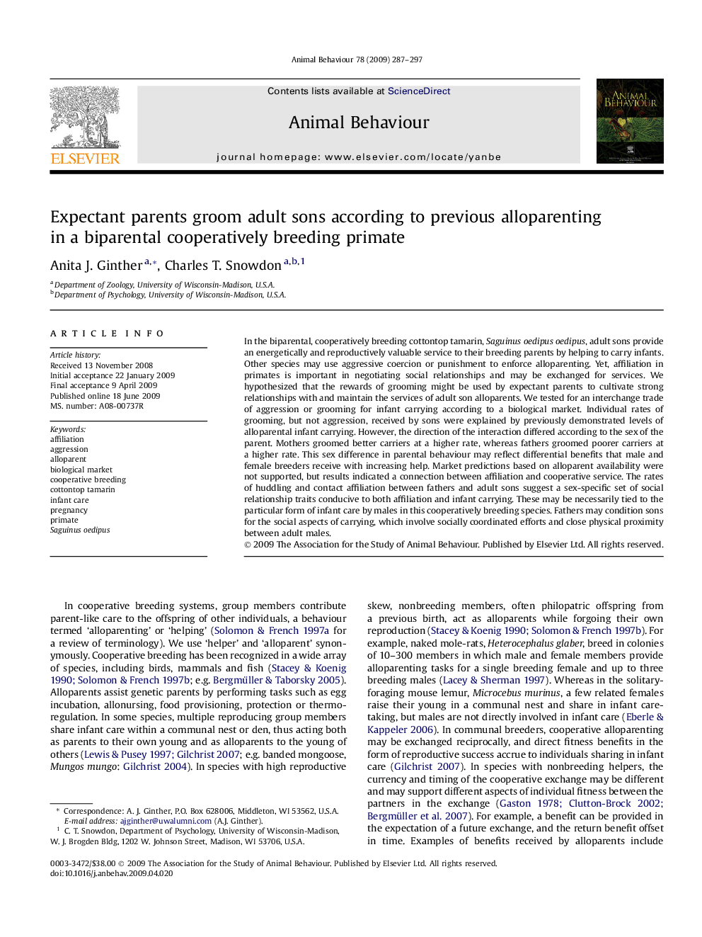 Expectant parents groom adult sons according to previous alloparenting in a biparental cooperatively breeding primate