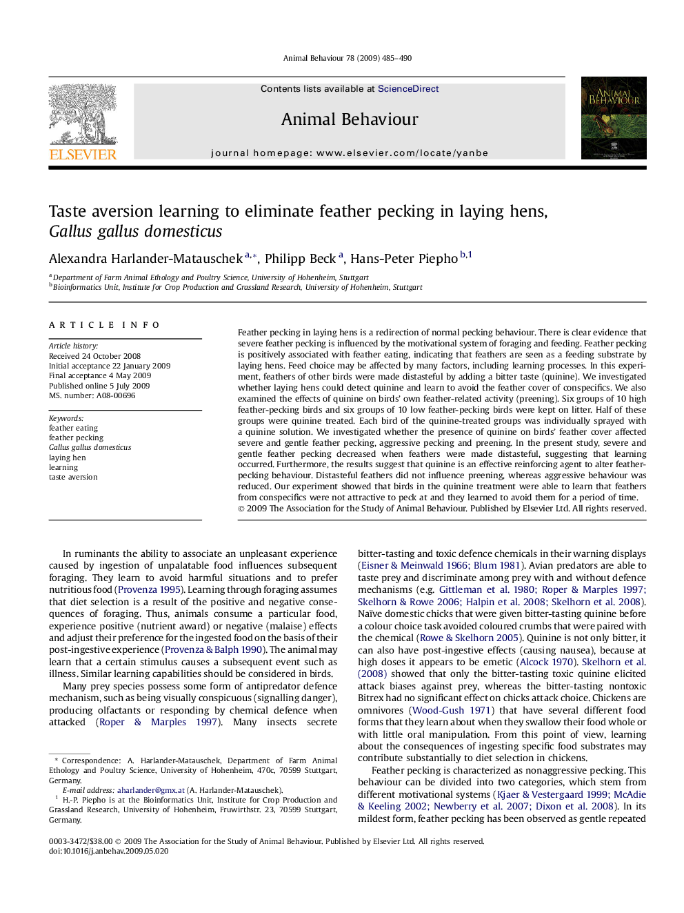 Taste aversion learning to eliminate feather pecking in laying hens, Gallus gallus domesticus