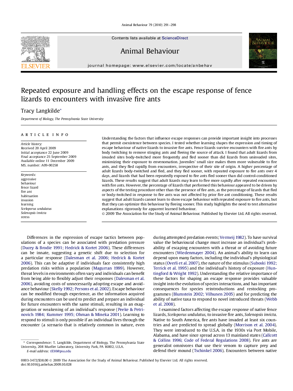 Repeated exposure and handling effects on the escape response of fence lizards to encounters with invasive fire ants