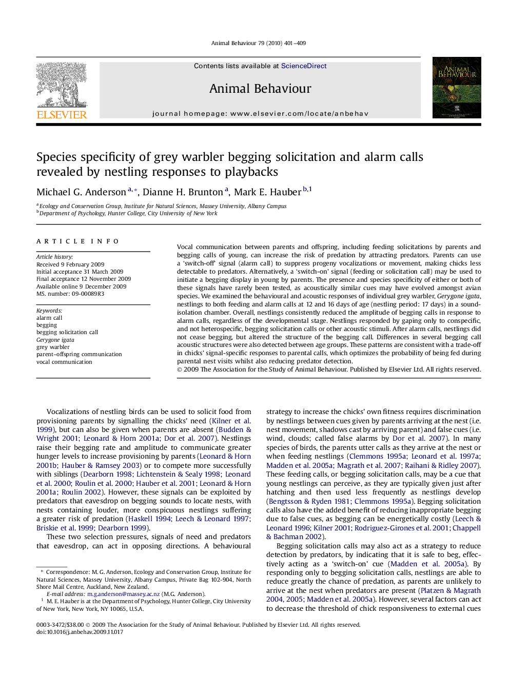 Species specificity of grey warbler begging solicitation and alarm calls revealed by nestling responses to playbacks