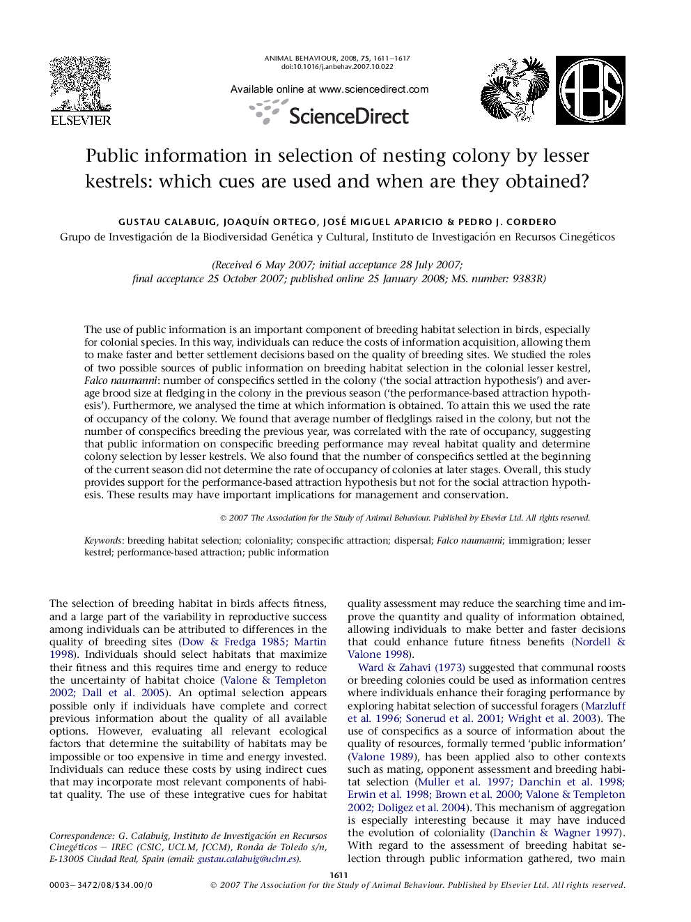 Public information in selection of nesting colony by lesser kestrels: which cues are used and when are they obtained?