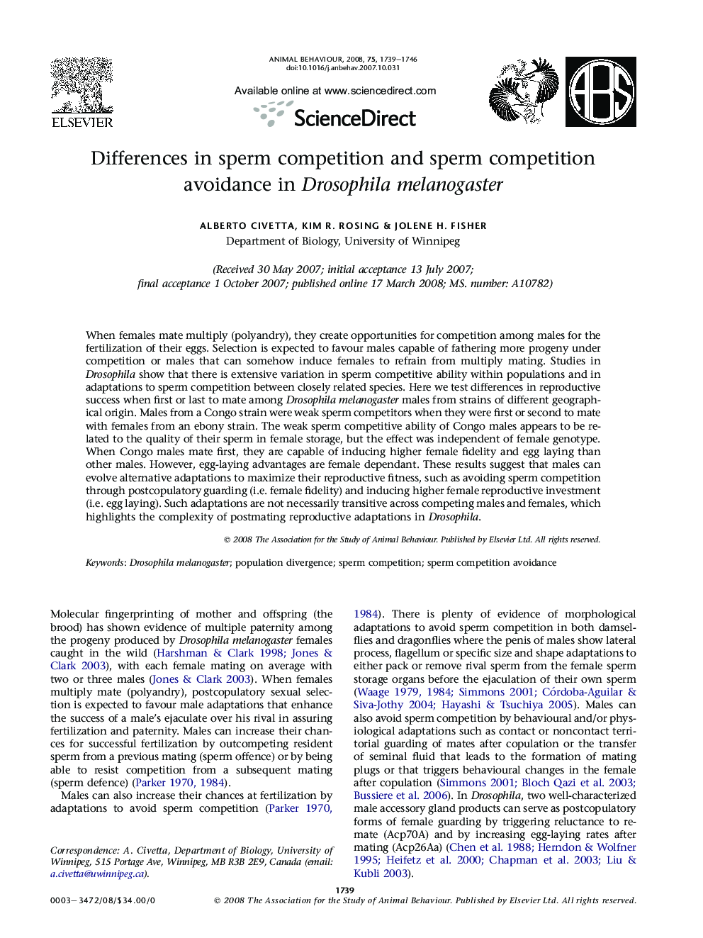 Differences in sperm competition and sperm competition avoidance in Drosophila melanogaster