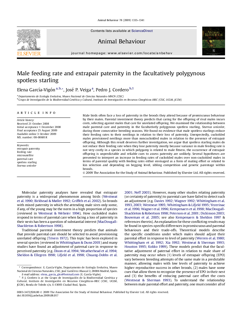 Male feeding rate and extrapair paternity in the facultatively polygynous spotless starling