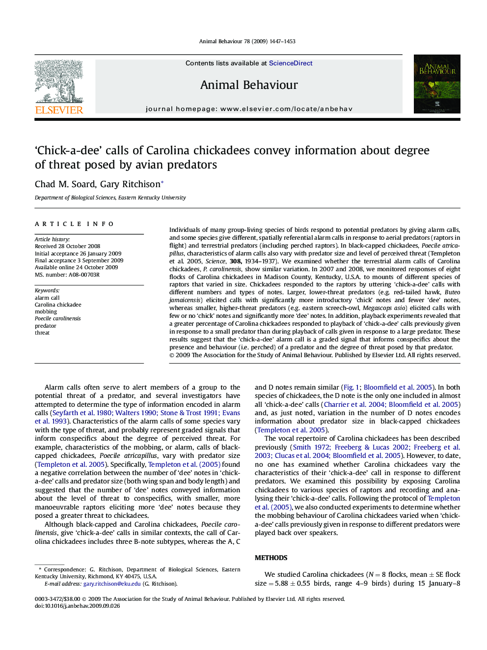 ‘Chick-a-dee’ calls of Carolina chickadees convey information about degree of threat posed by avian predators