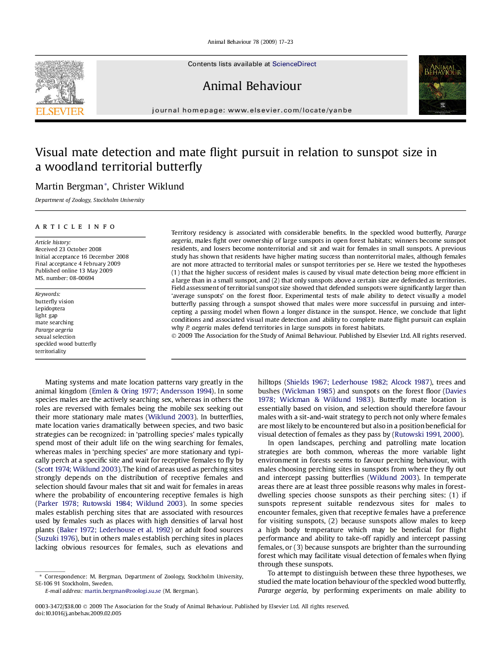 Visual mate detection and mate flight pursuit in relation to sunspot size in a woodland territorial butterfly