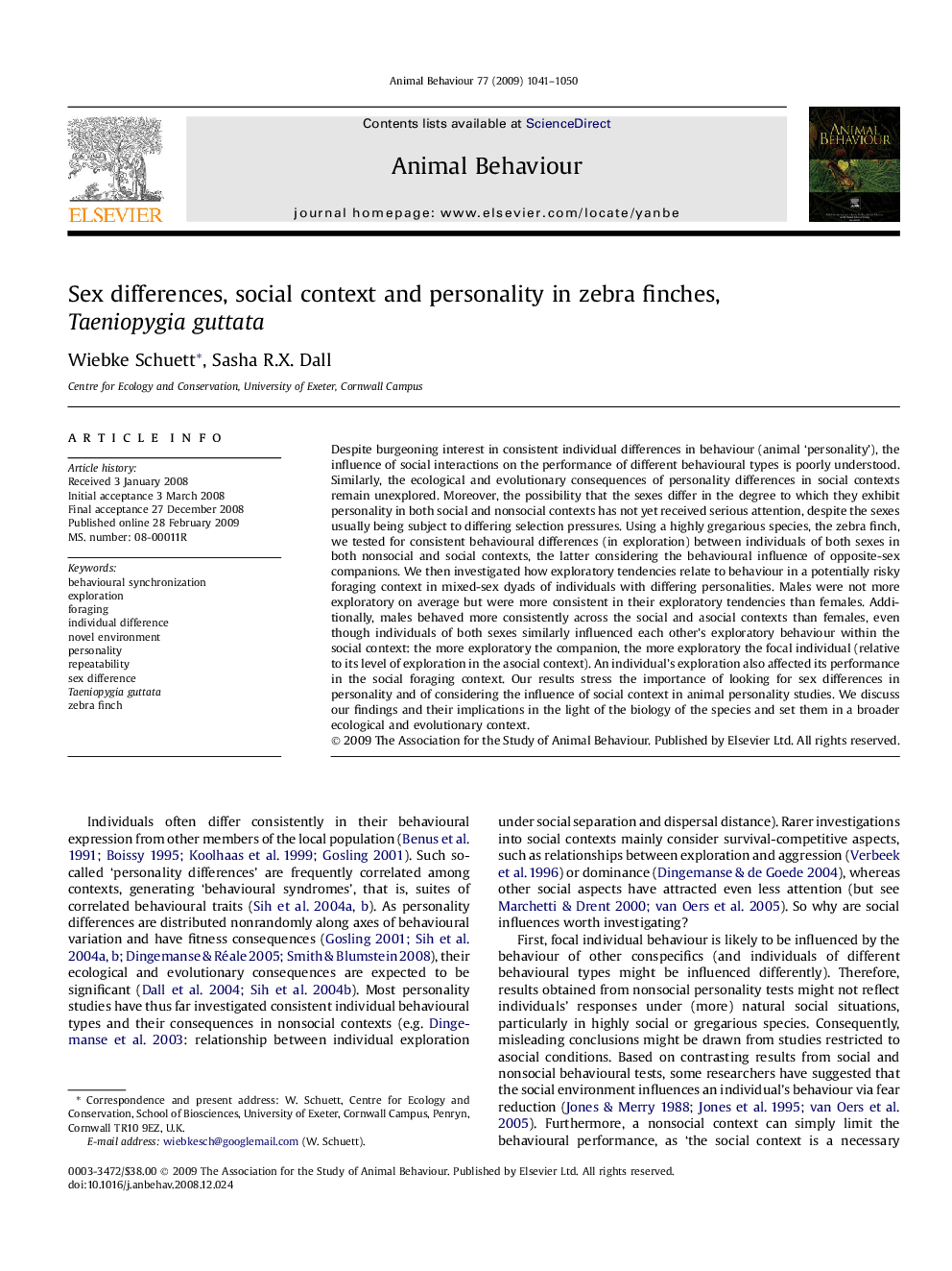 Sex differences, social context and personality in zebra finches, Taeniopygia guttata