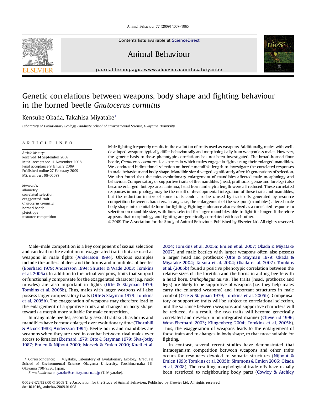 Genetic correlations between weapons, body shape and fighting behaviour in the horned beetle Gnatocerus cornutus