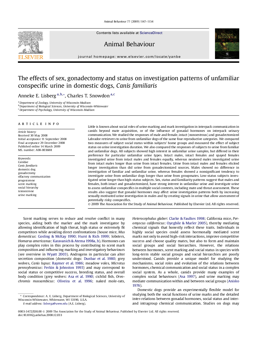 The effects of sex, gonadectomy and status on investigation patterns of unfamiliar conspecific urine in domestic dogs, Canis familiaris