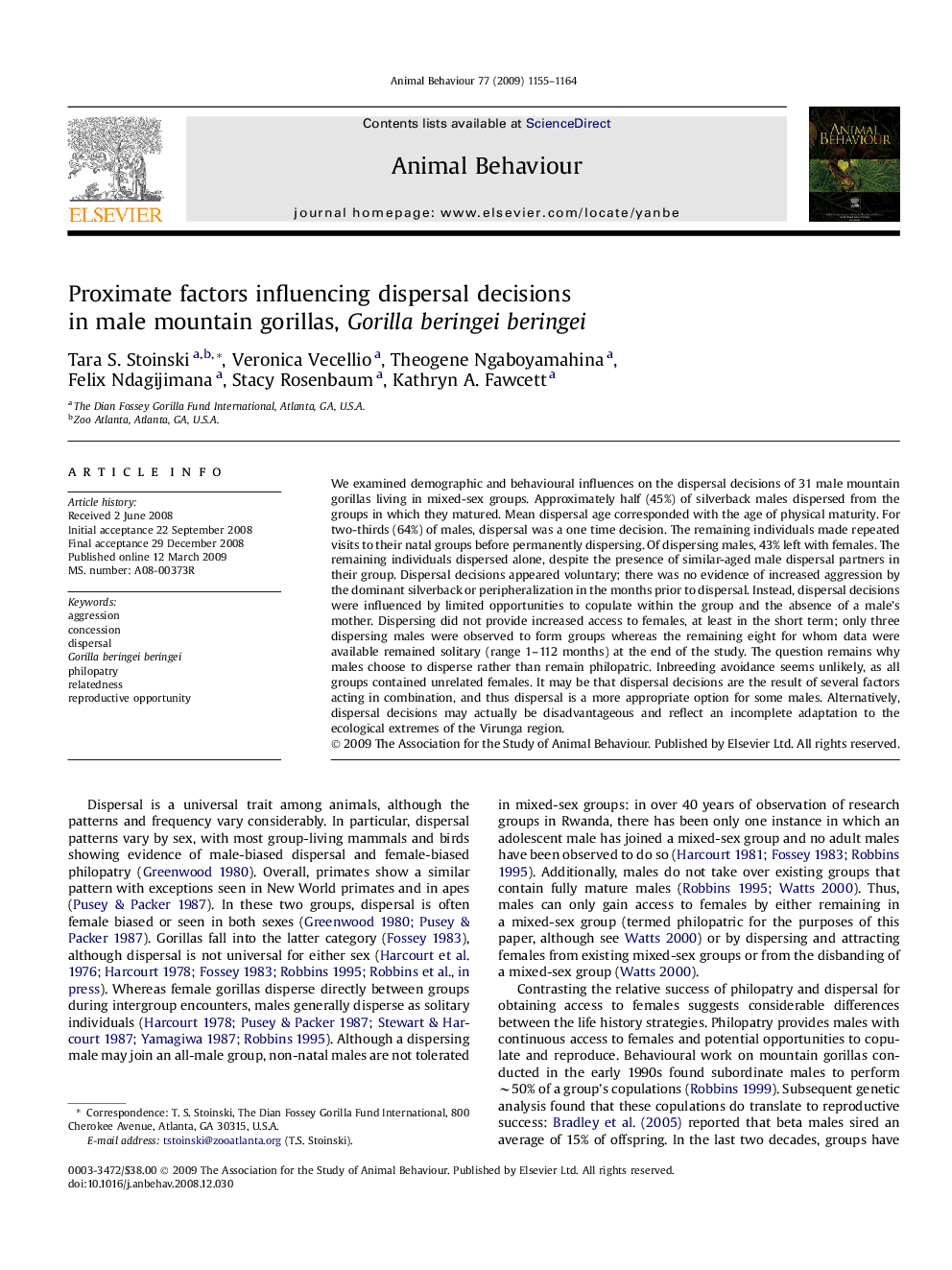 Proximate factors influencing dispersal decisions in male mountain gorillas, Gorilla beringei beringei