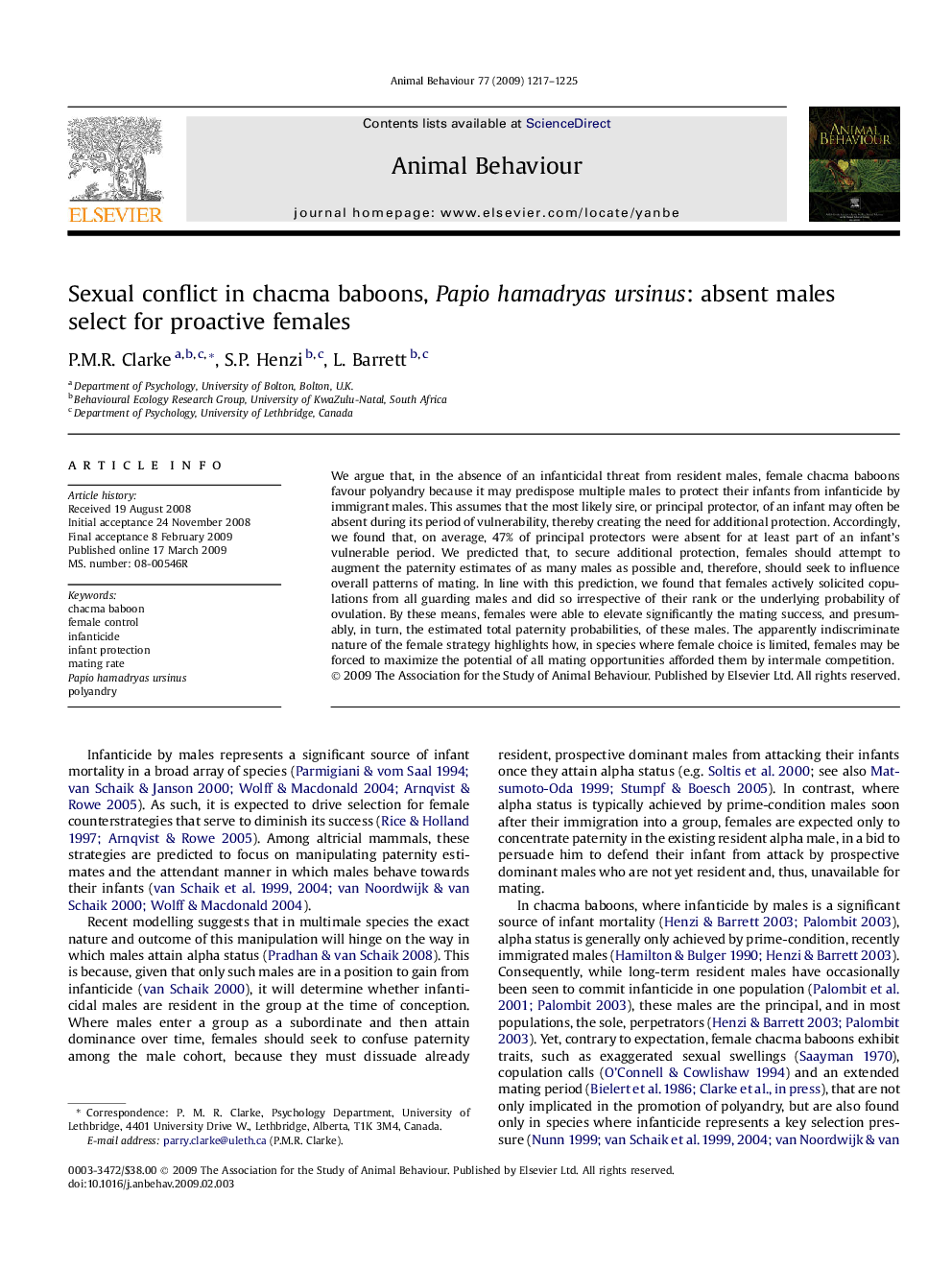 Sexual conflict in chacma baboons, Papio hamadryas ursinus: absent males select for proactive females