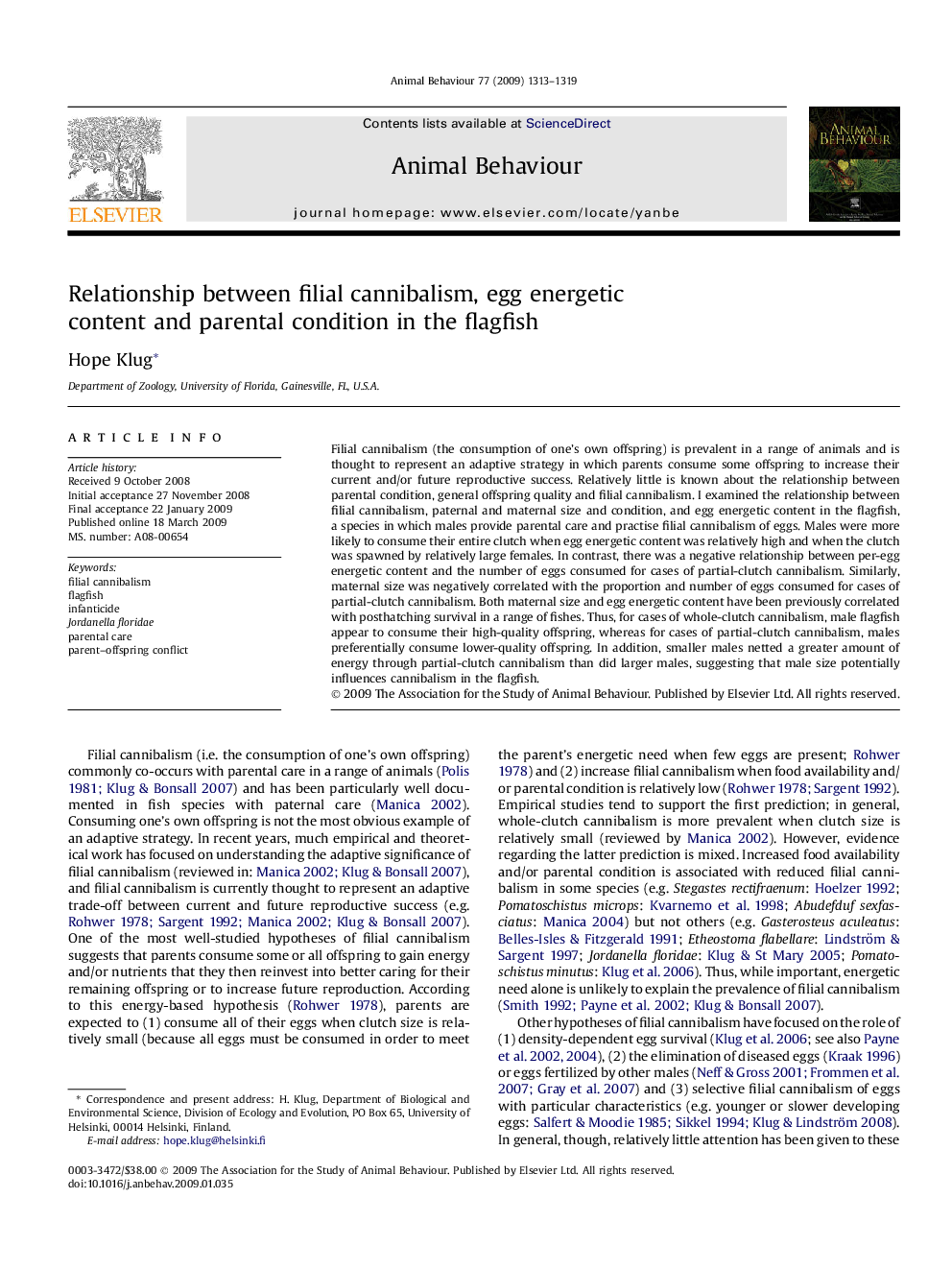 Relationship between filial cannibalism, egg energetic content and parental condition in the flagfish