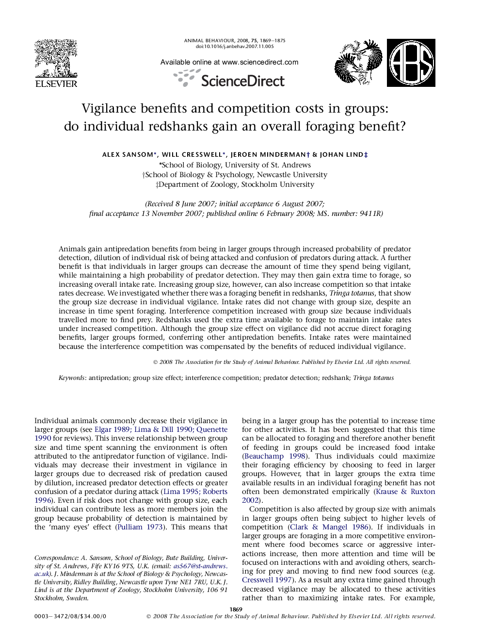 Vigilance benefits and competition costs in groups: do individual redshanks gain an overall foraging benefit?