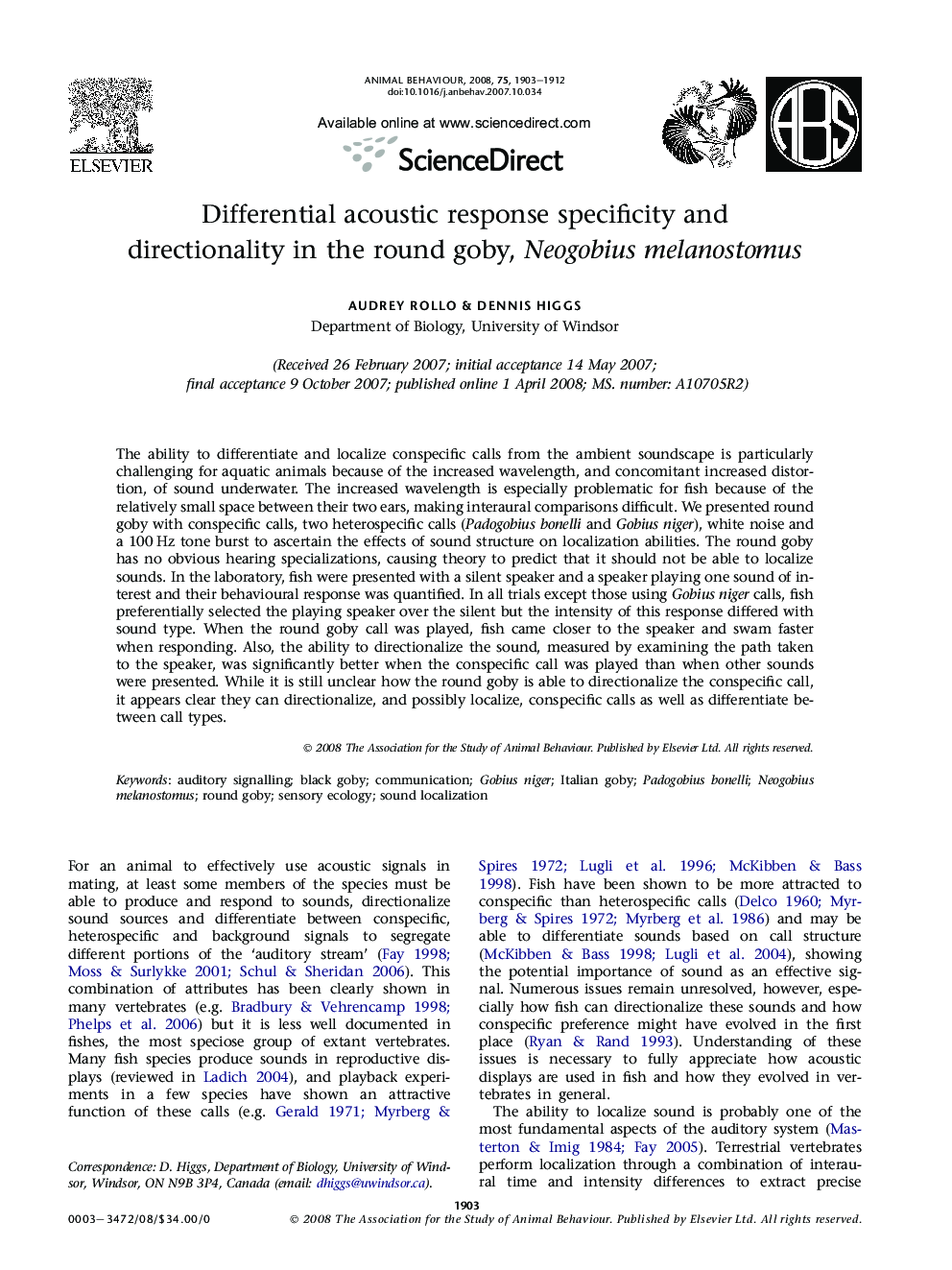 Differential acoustic response specificity and directionality in the round goby, Neogobius melanostomus