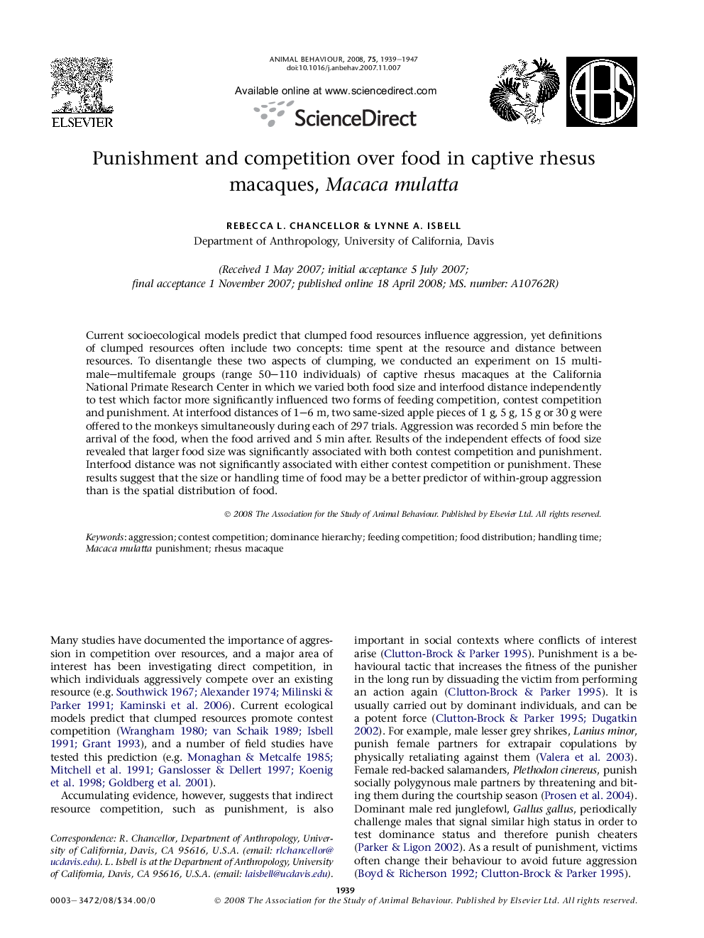 Punishment and competition over food in captive rhesus macaques, Macaca mulatta