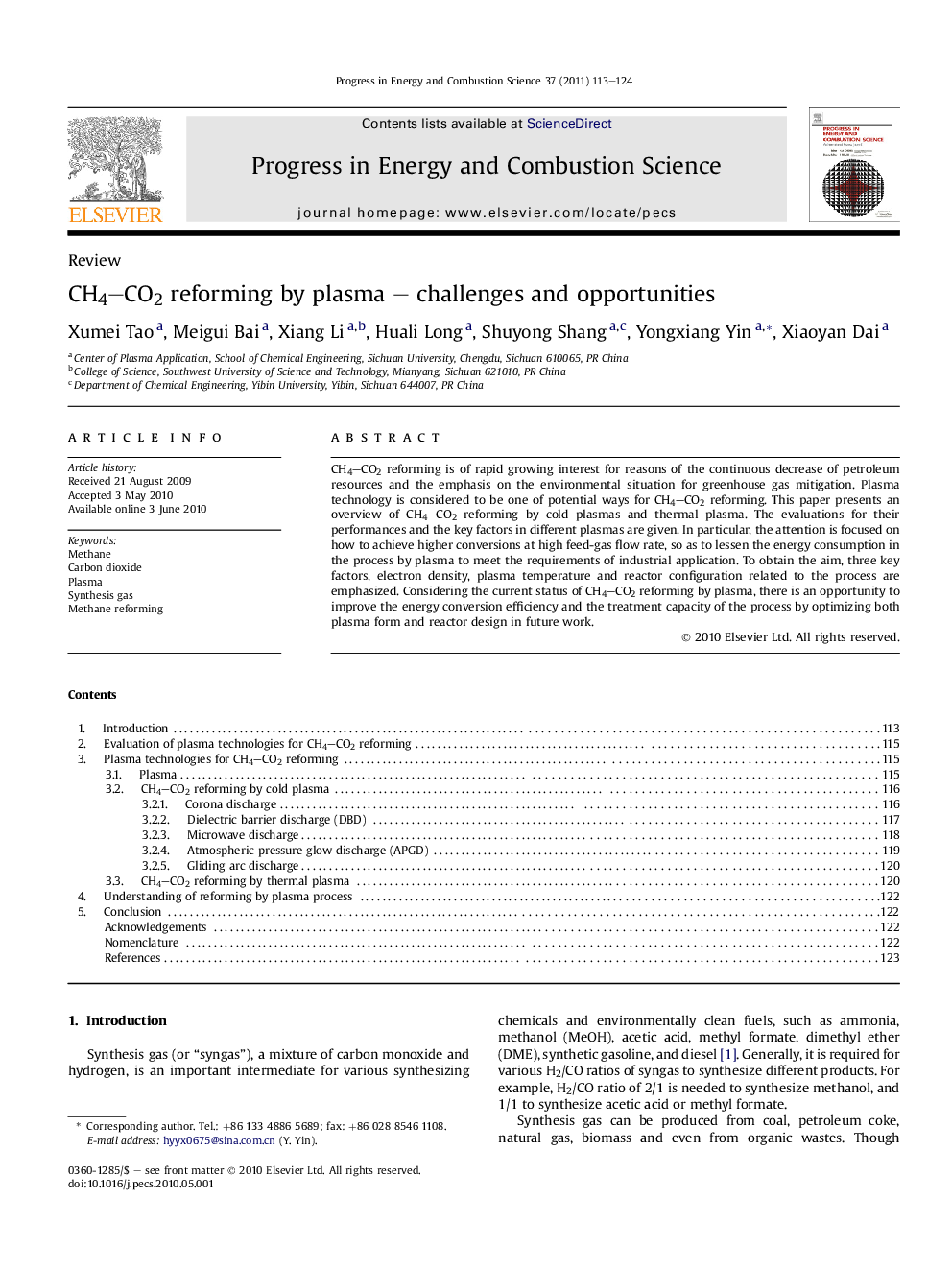 CH4–CO2 reforming by plasma – challenges and opportunities