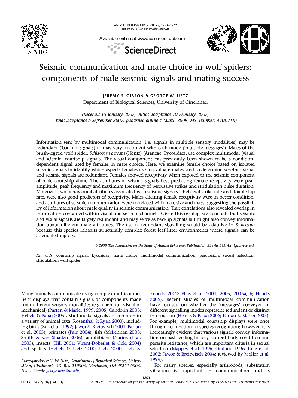 Seismic communication and mate choice in wolf spiders: components of male seismic signals and mating success