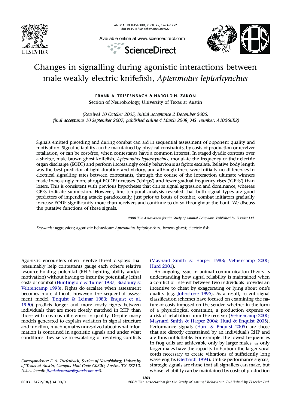 Changes in signalling during agonistic interactions between male weakly electric knifefish, Apteronotus leptorhynchus