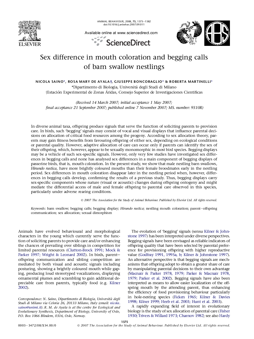 Sex difference in mouth coloration and begging calls of barn swallow nestlings