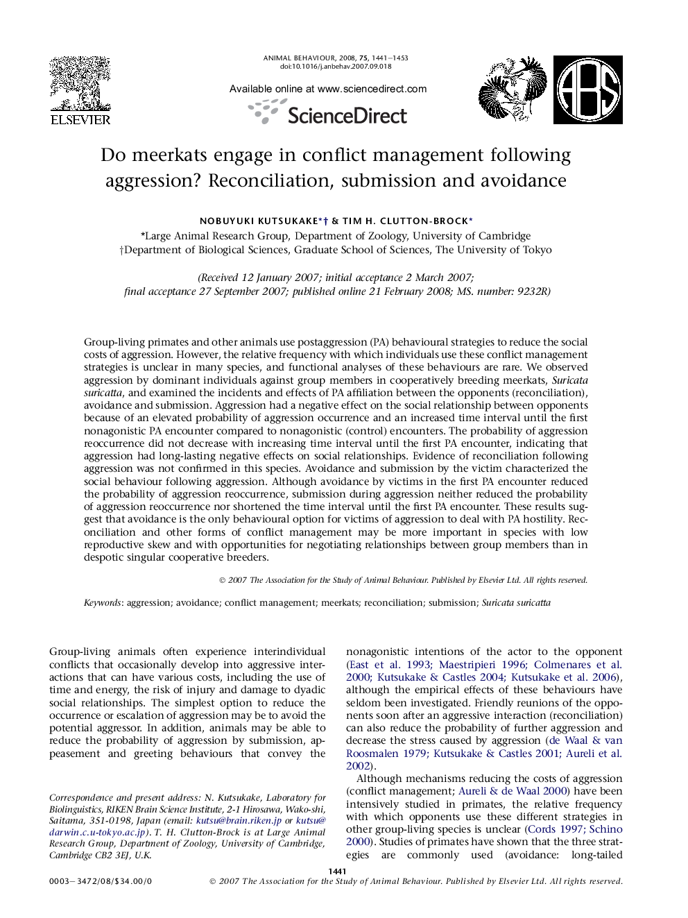 Do meerkats engage in conflict management following aggression? Reconciliation, submission and avoidance