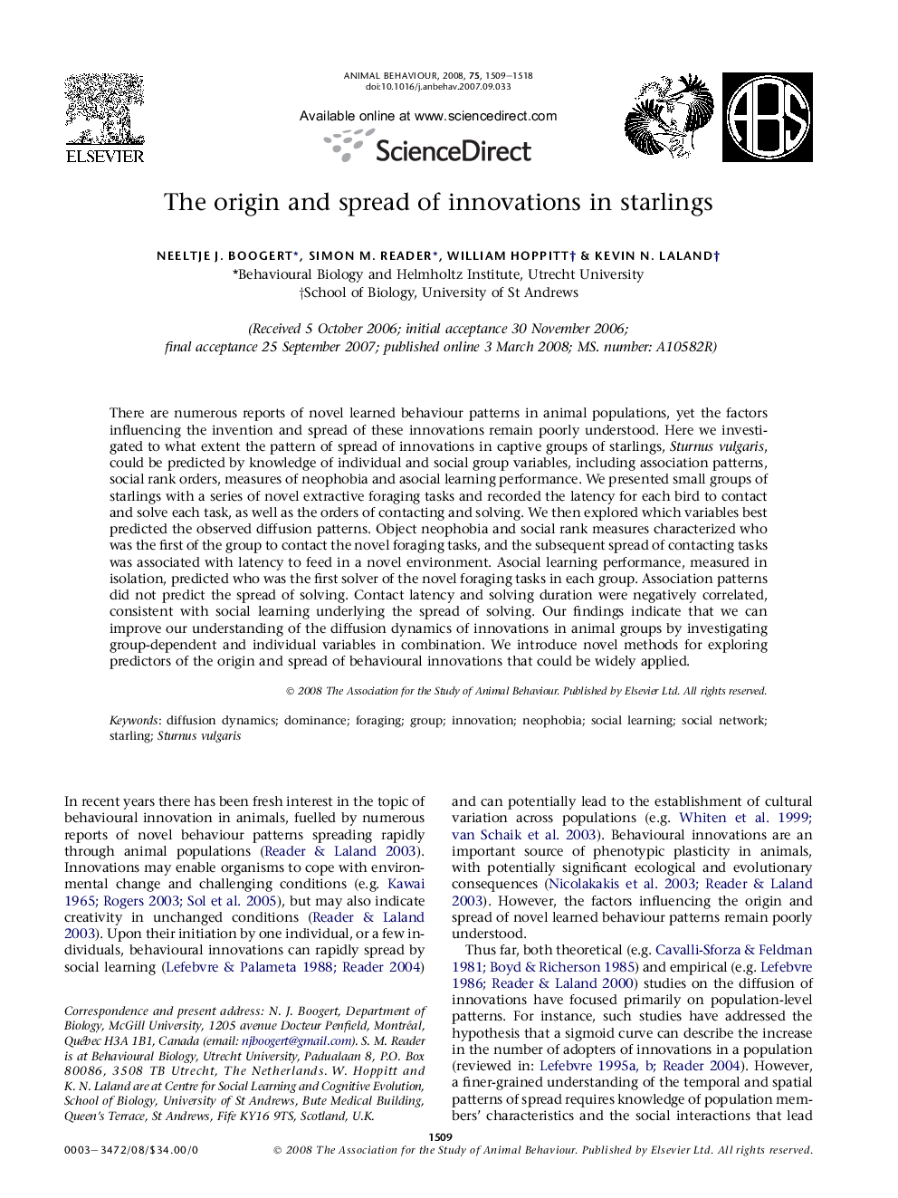 The origin and spread of innovations in starlings