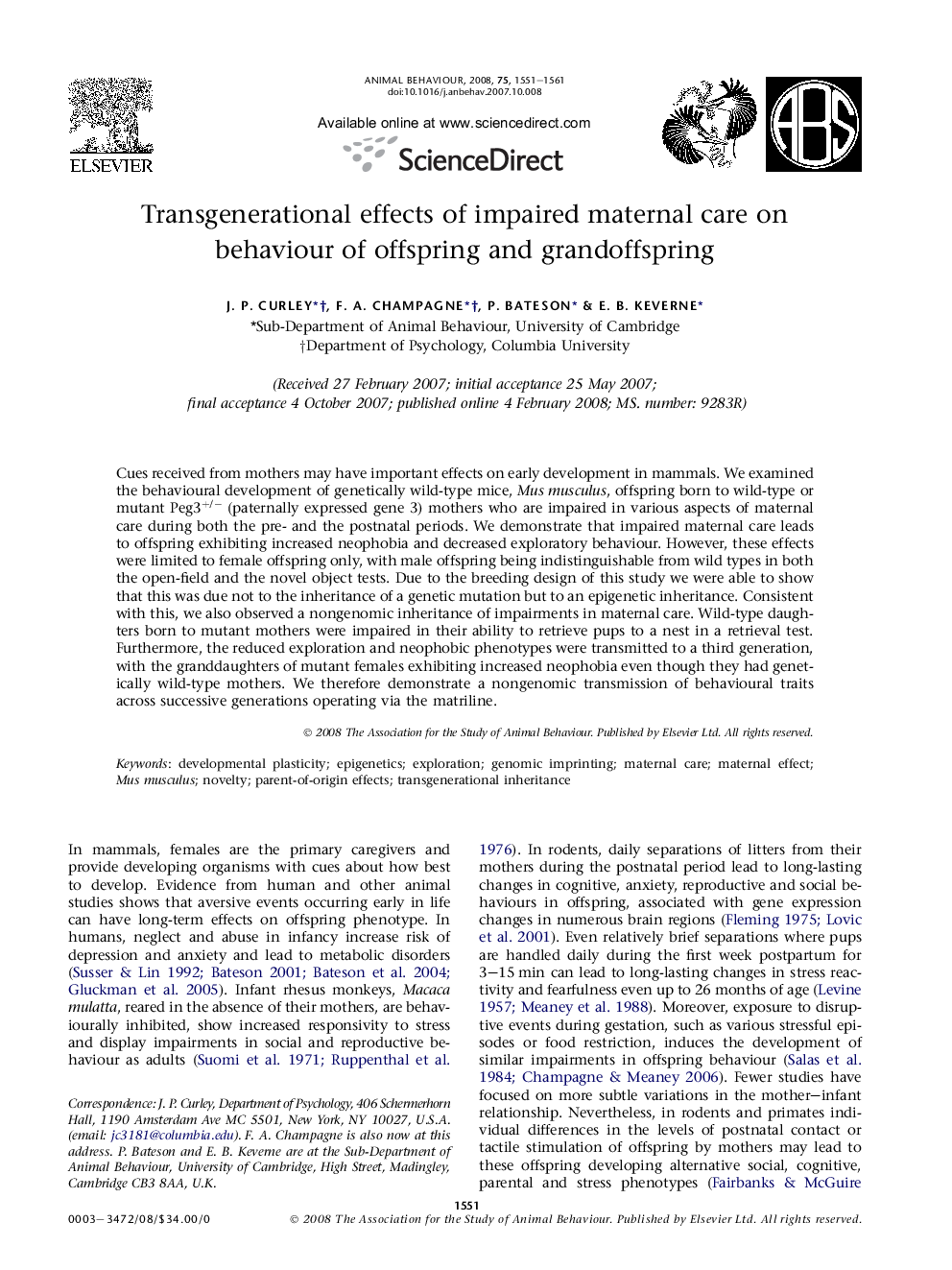 Transgenerational effects of impaired maternal care on behaviour of offspring and grandoffspring