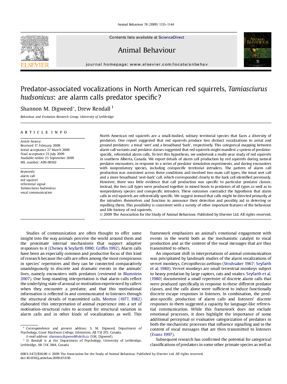 Predator-associated vocalizations in North American red squirrels, Tamiasciurus hudsonicus: are alarm calls predator specific?