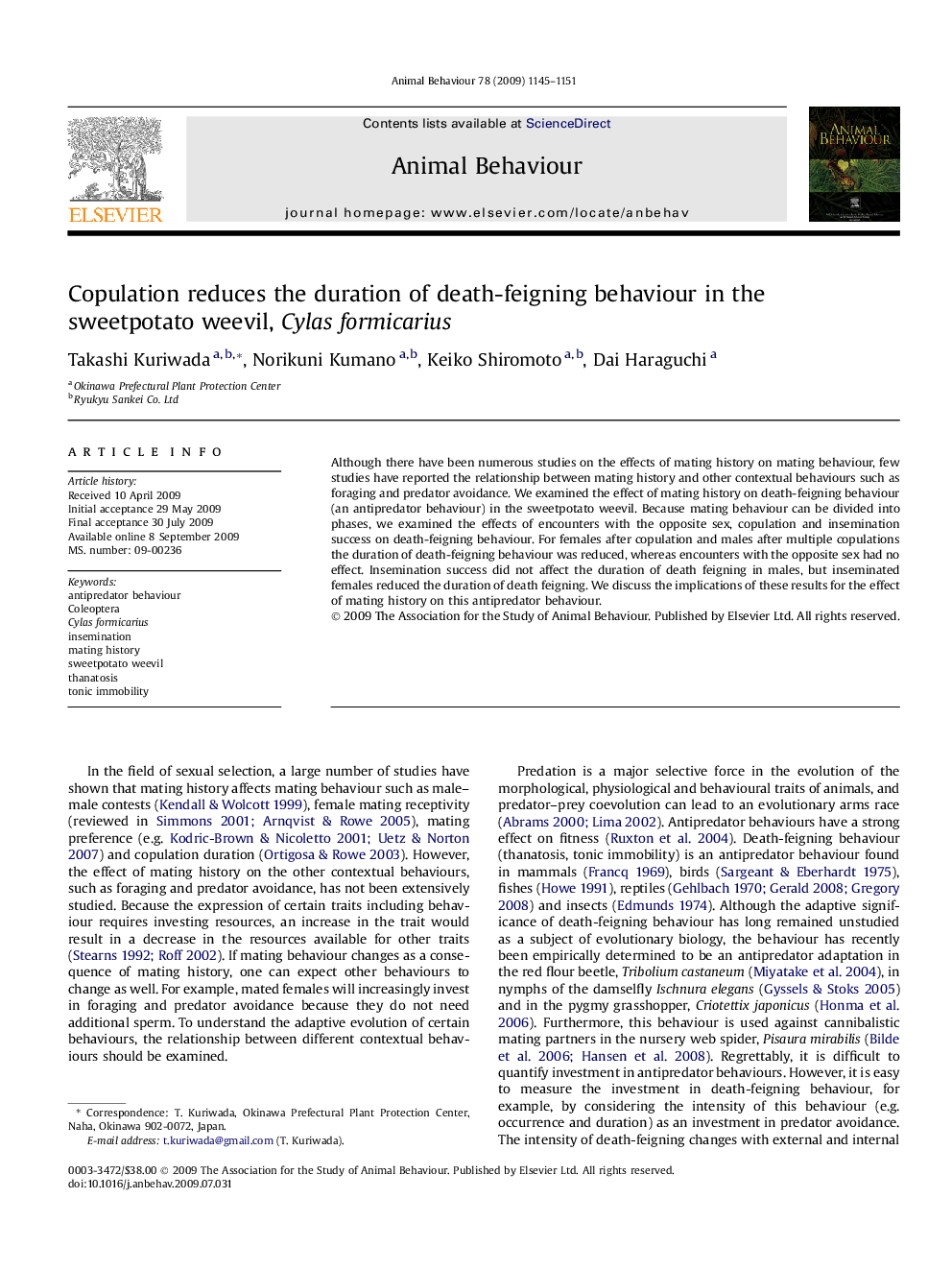 Copulation reduces the duration of death-feigning behaviour in the sweetpotato weevil, Cylas formicarius