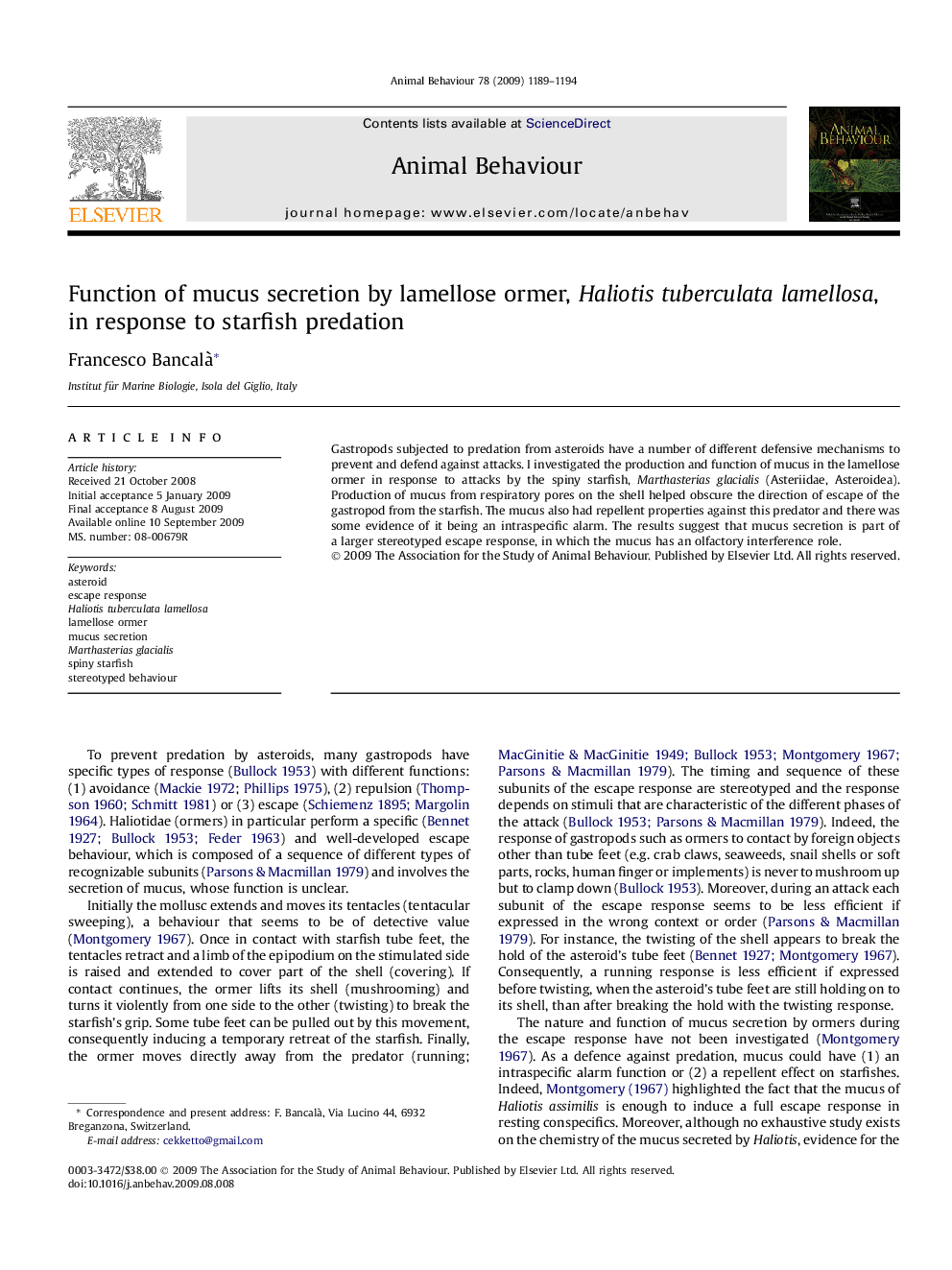 Function of mucus secretion by lamellose ormer, Haliotis tuberculata lamellosa, in response to starfish predation