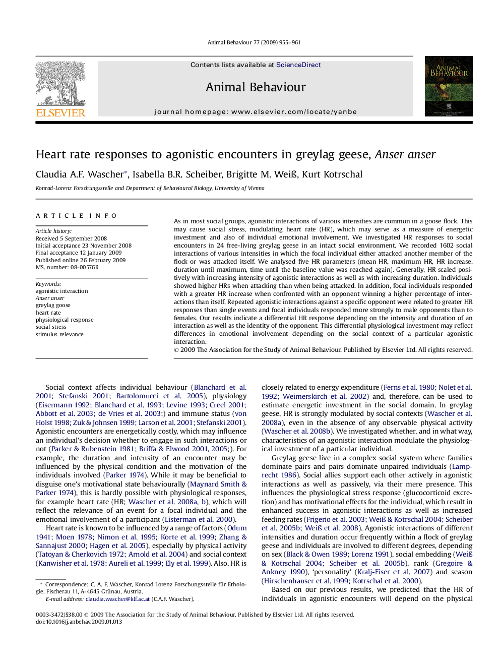 Heart rate responses to agonistic encounters in greylag geese, Anser anser