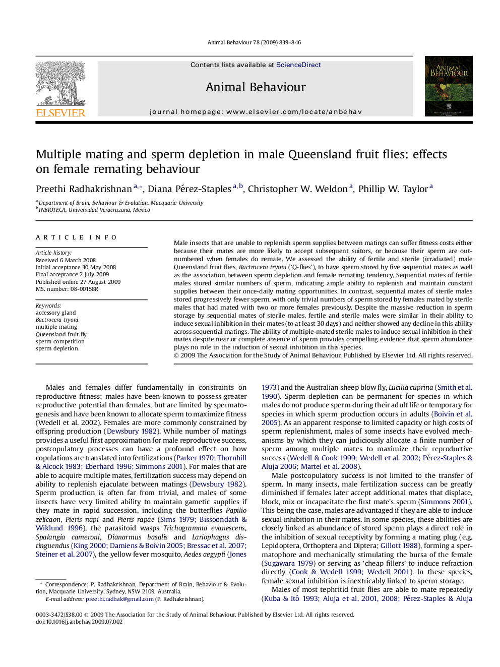 Multiple mating and sperm depletion in male Queensland fruit flies: effects on female remating behaviour