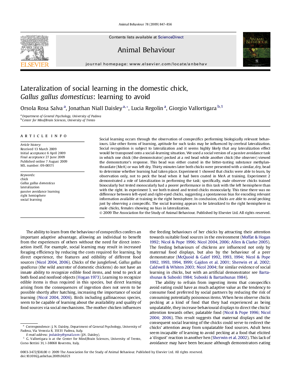 Lateralization of social learning in the domestic chick, Gallus gallus domesticus: learning to avoid