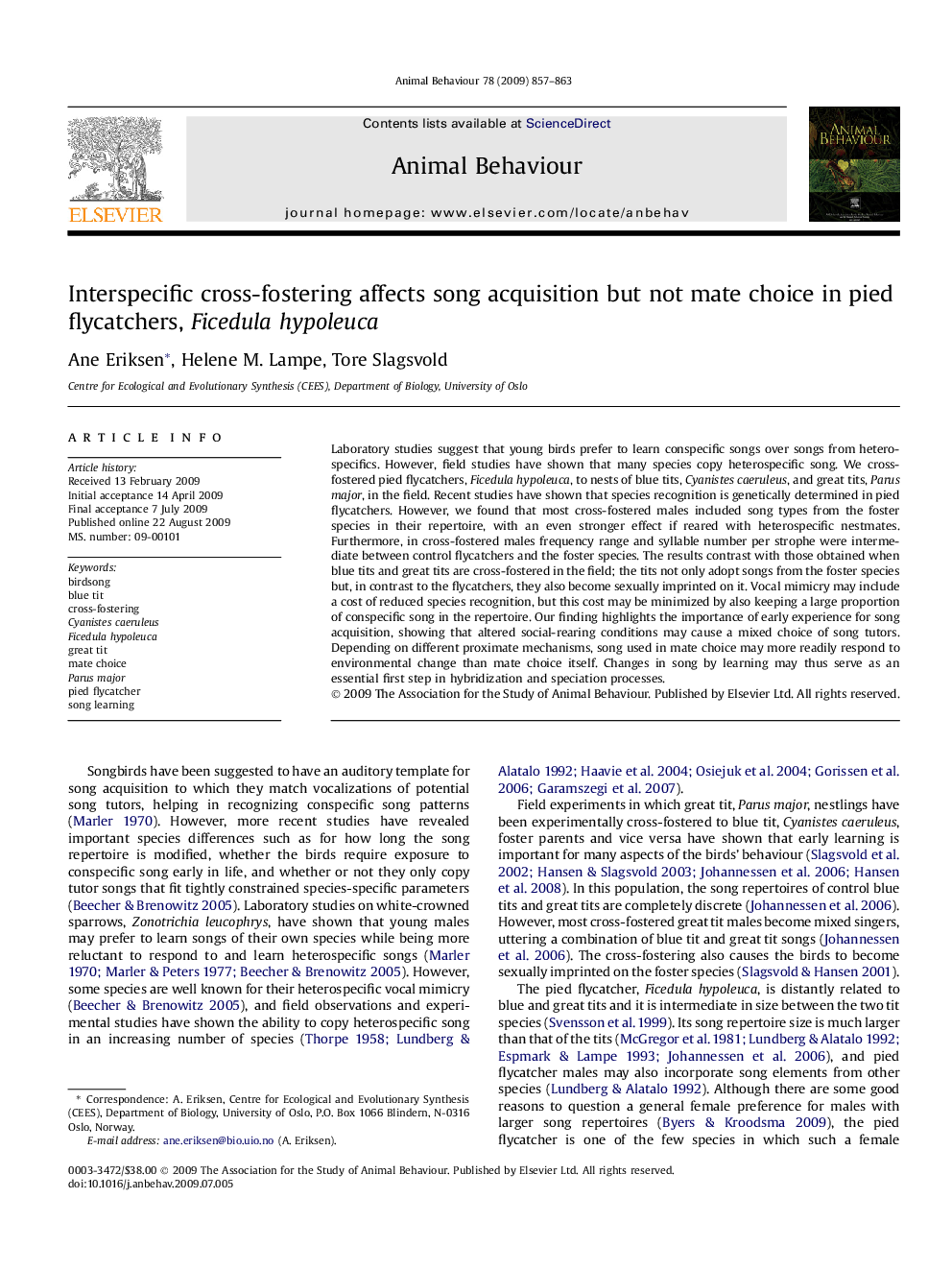 عکس صفحه اول مقاله: Interspecific cross-fostering affects song acquisition but not mate choice in pied flycatchers, Ficedula hypoleuca Interspecific cross-fostering affects song acquisition but not mate choice in pied flycatchers, Ficedula hypoleuca