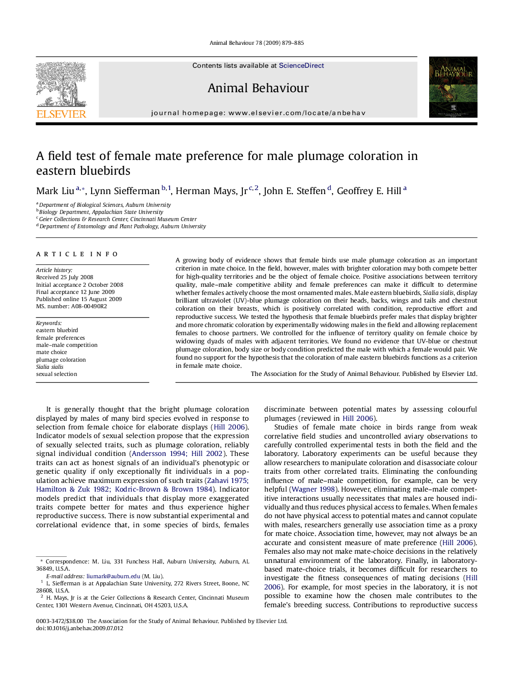 عکس صفحه اول مقاله: A field test of female mate preference for male plumage coloration in eastern bluebirds A field test of female mate preference for male plumage coloration in eastern bluebirds