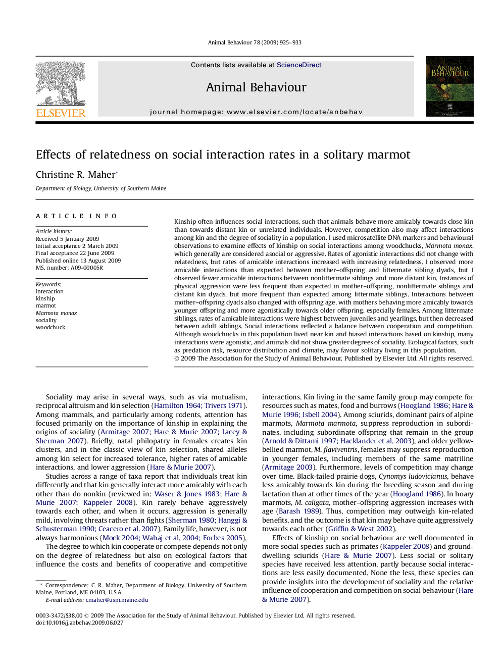 Effects of relatedness on social interaction rates in a solitary marmot