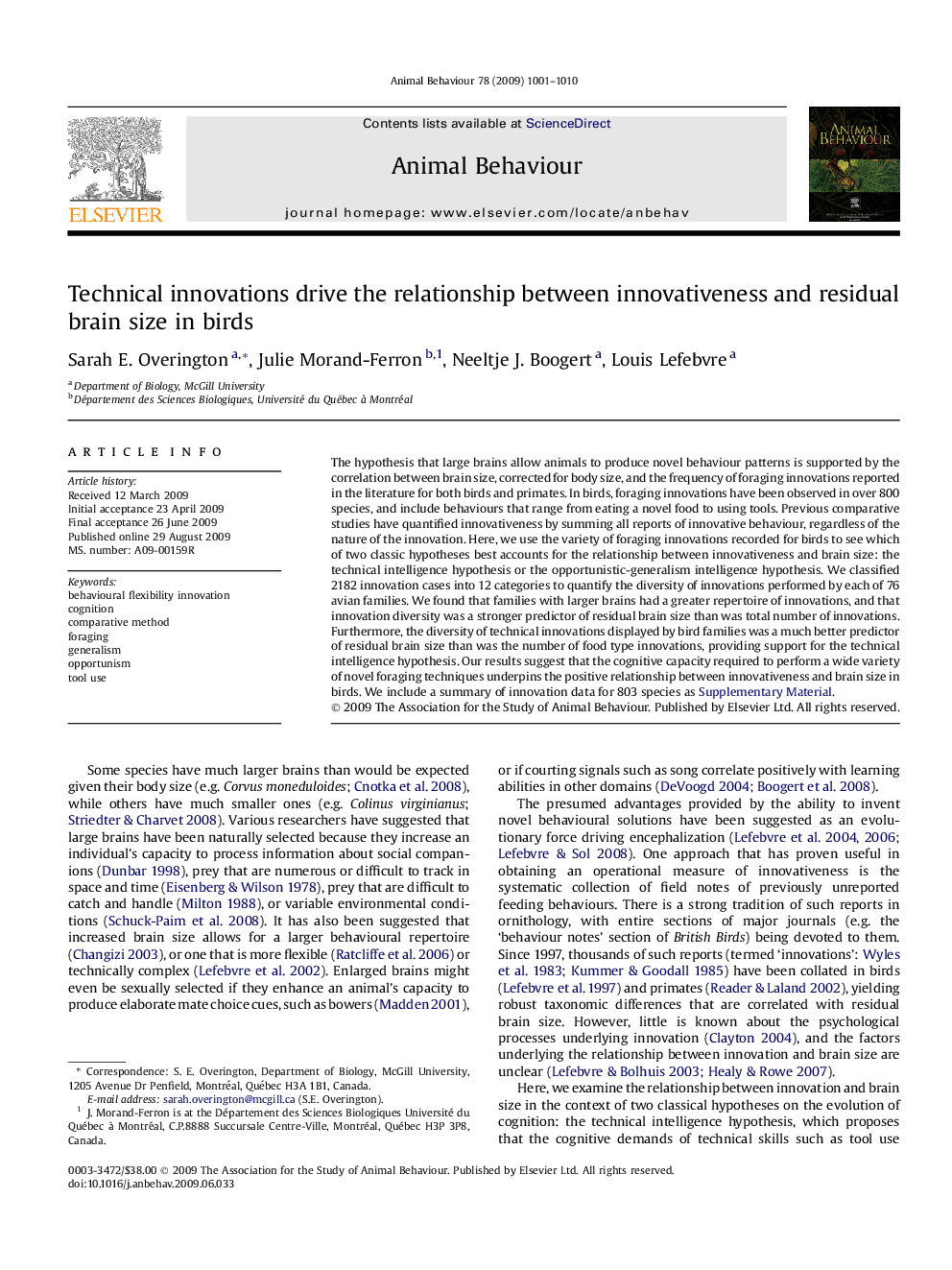 Technical innovations drive the relationship between innovativeness and residual brain size in birds