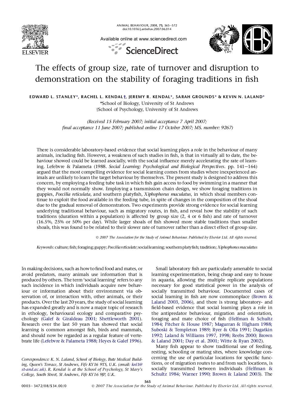 The effects of group size, rate of turnover and disruption to demonstration on the stability of foraging traditions in fish