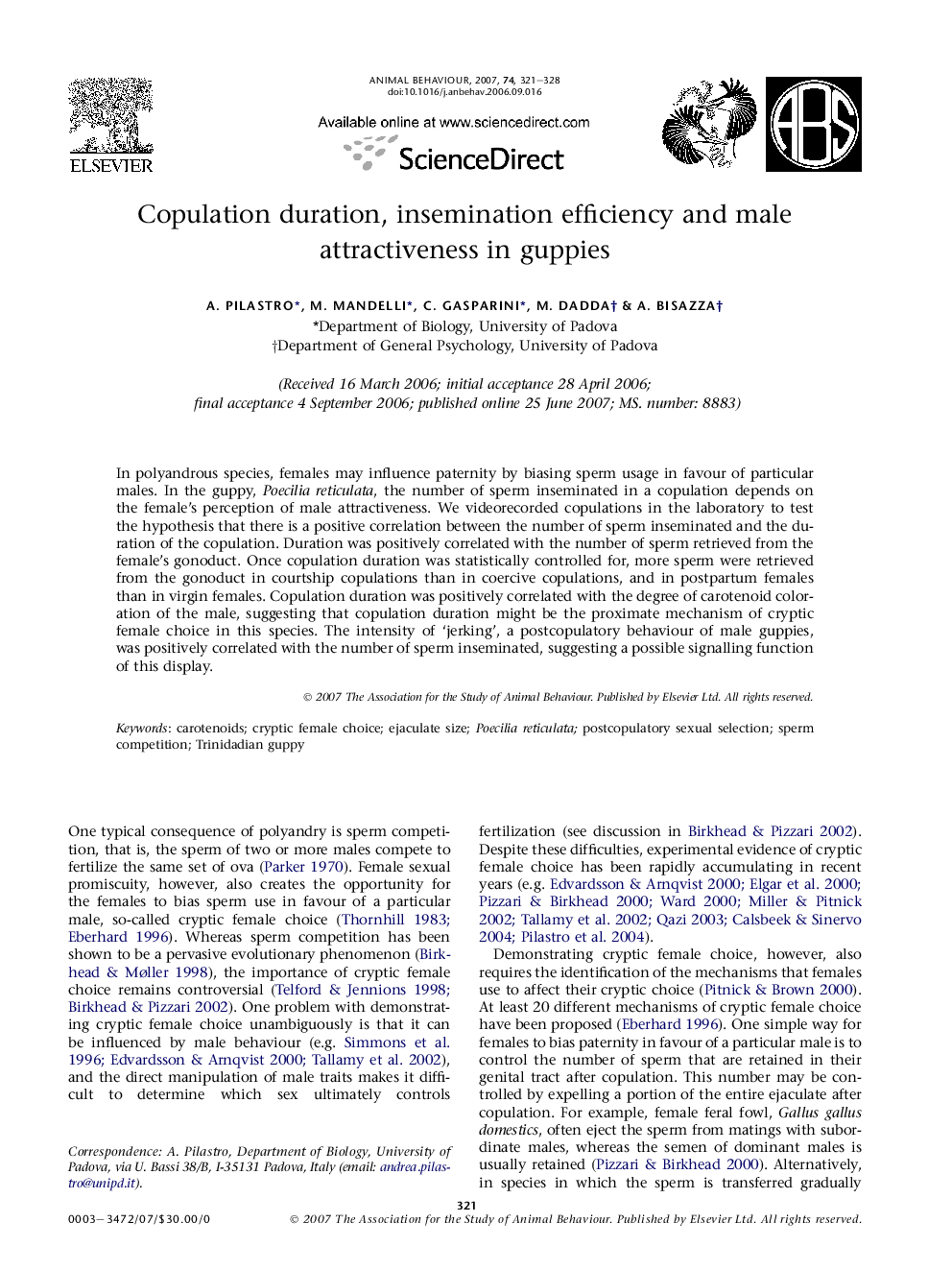 Copulation duration, insemination efficiency and male attractiveness in guppies