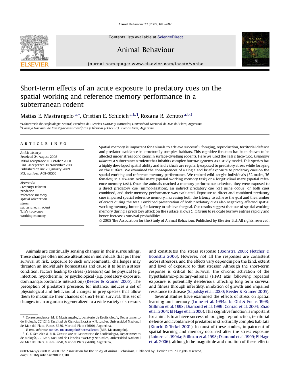 Short-term effects of an acute exposure to predatory cues on the spatial working and reference memory performance in a subterranean rodent