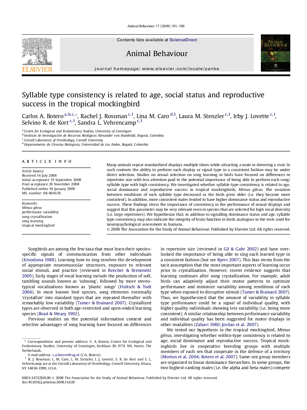 Syllable type consistency is related to age, social status and reproductive success in the tropical mockingbird