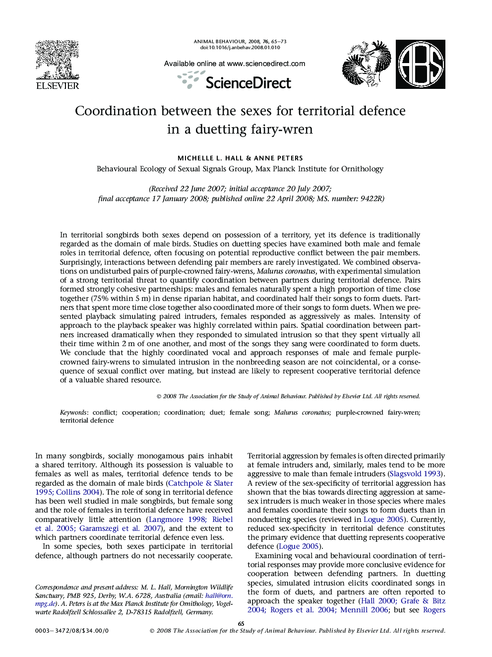 Coordination between the sexes for territorial defence in a duetting fairy-wren