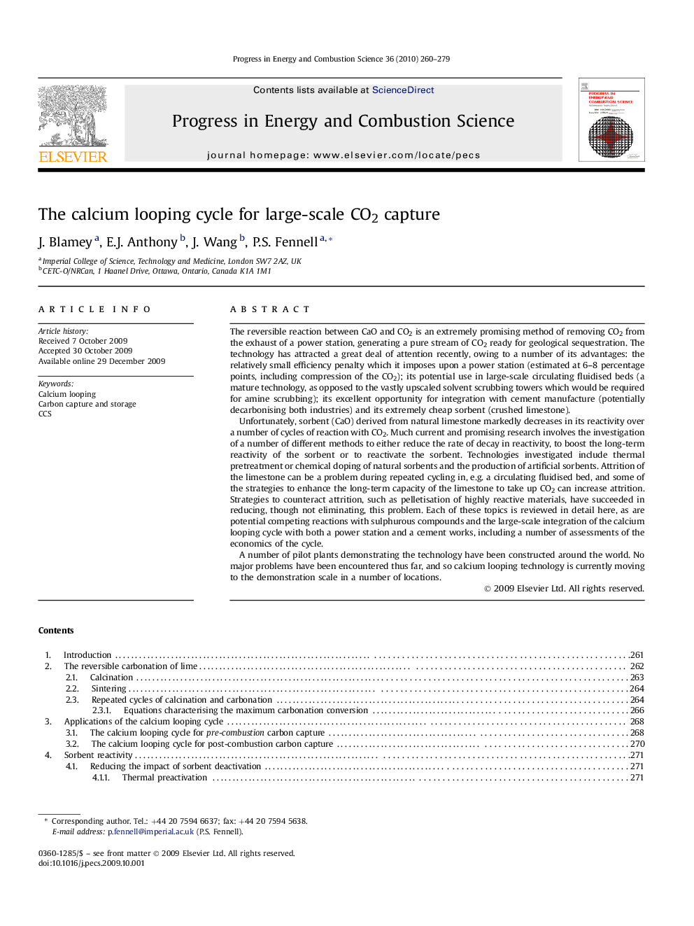 The calcium looping cycle for large-scale CO2 capture