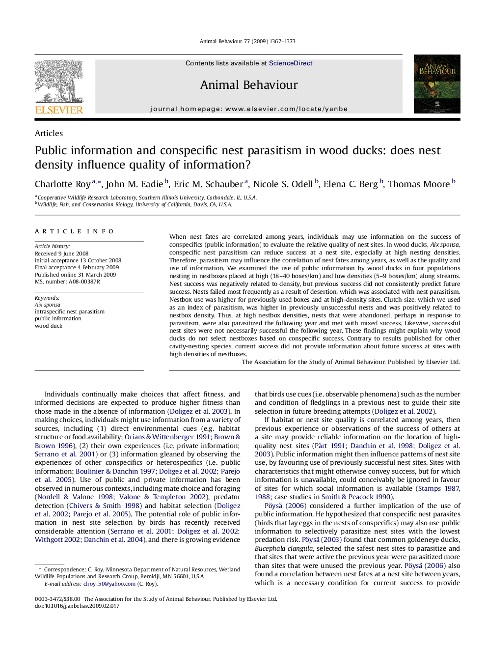 Public information and conspecific nest parasitism in wood ducks: does nest density influence quality of information?