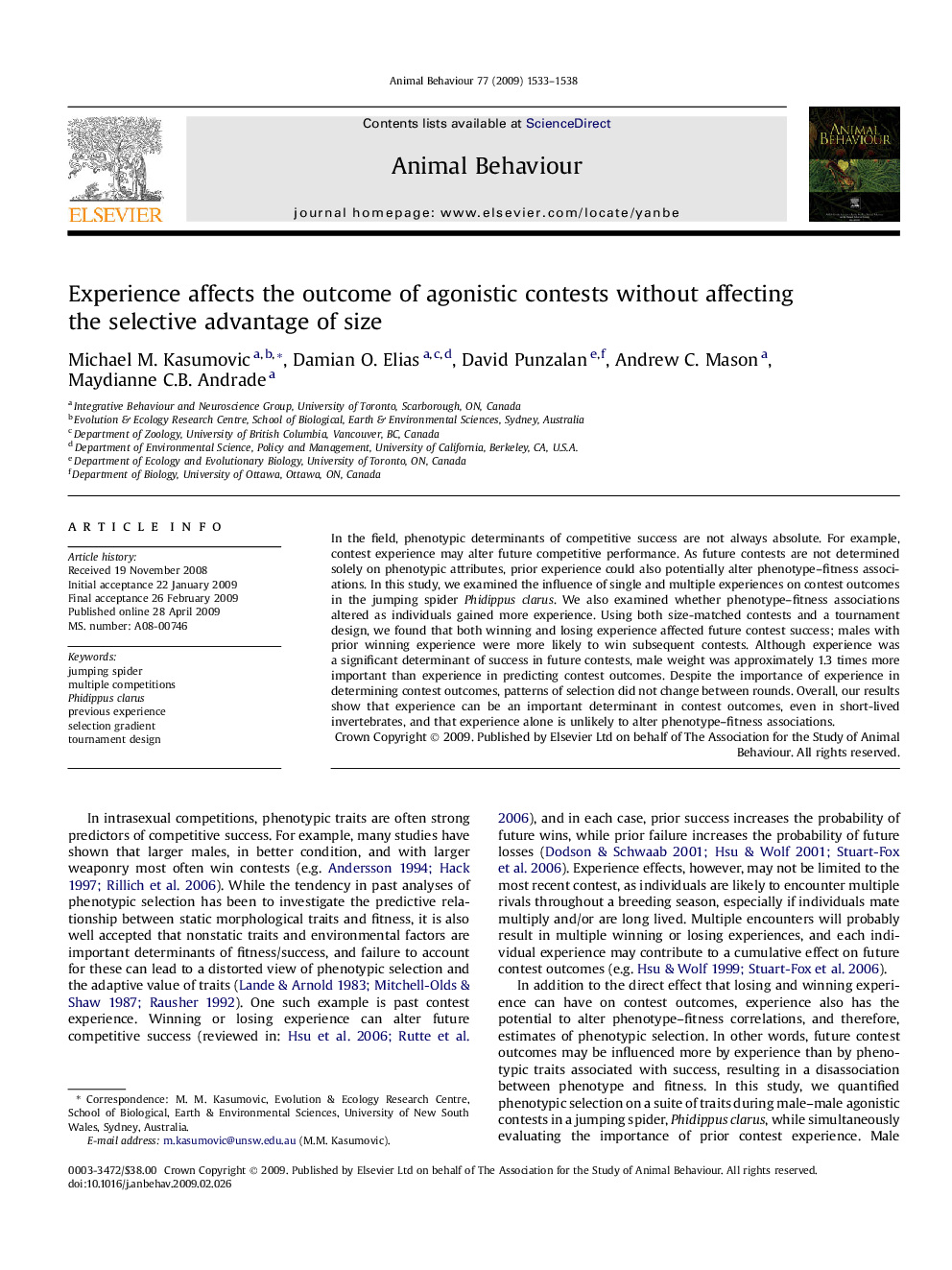 Experience affects the outcome of agonistic contests without affecting the selective advantage of size