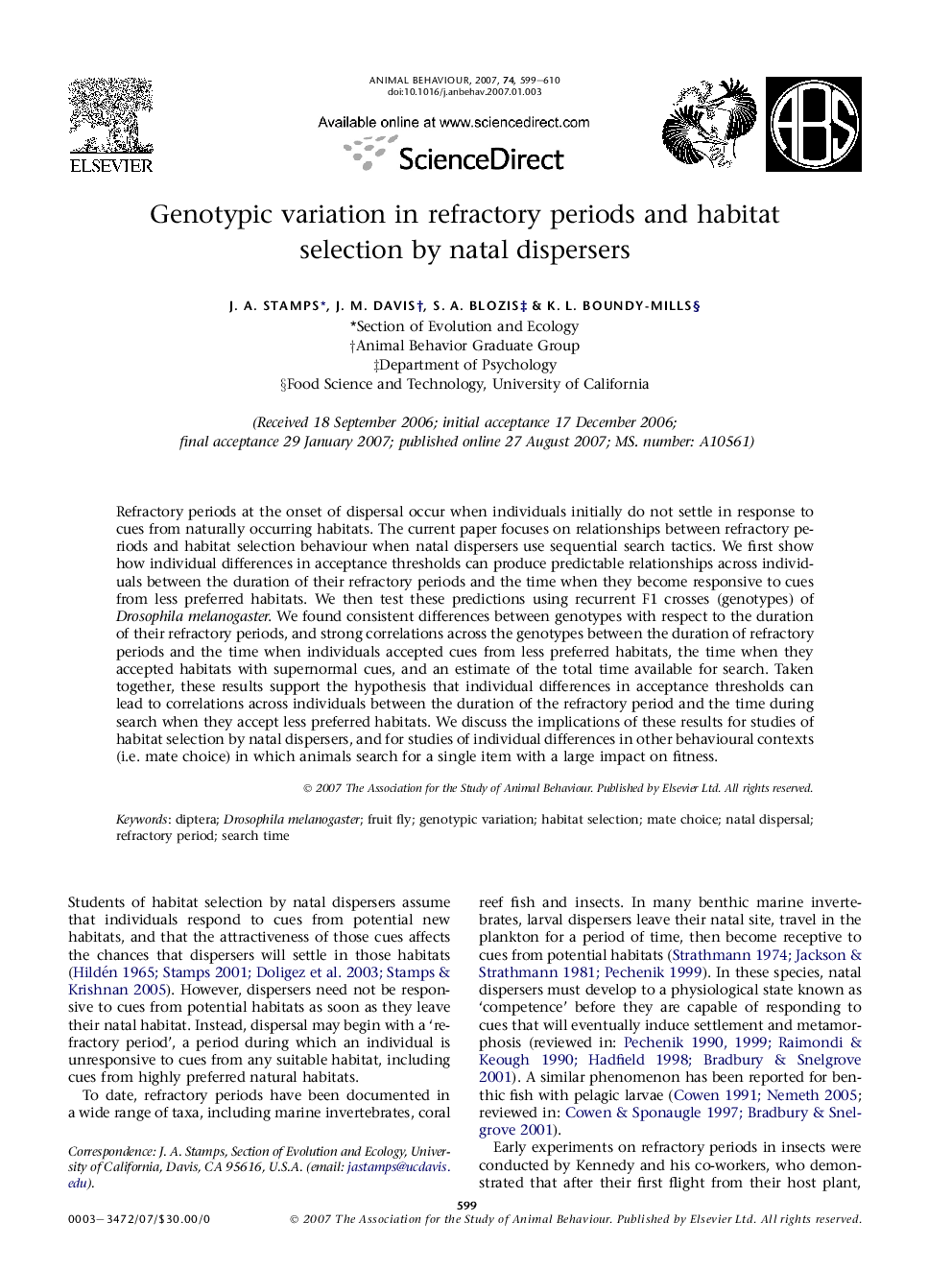 Genotypic variation in refractory periods and habitat selection by natal dispersers