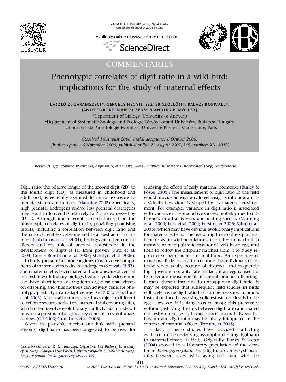 Phenotypic correlates of digit ratio in a wild bird: implications for the study of maternal effects