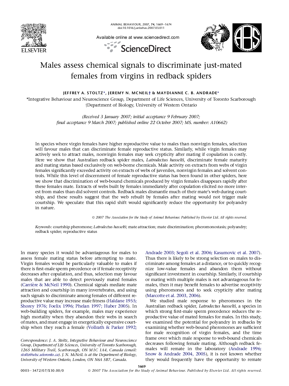 Males assess chemical signals to discriminate just-mated females from virgins in redback spiders