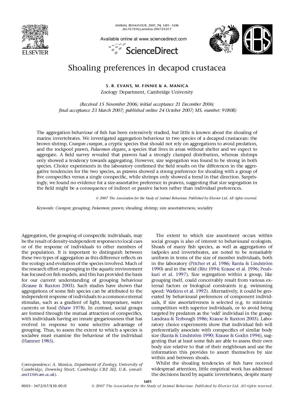 Shoaling preferences in decapod crustacea